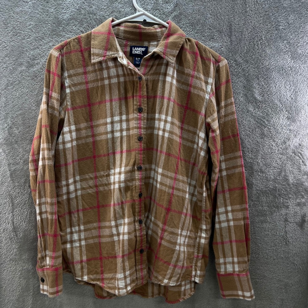 Lands End Womens SP 6-8 Brown Pink Plaid Cotton Flannel Gorpcore Layering Warm